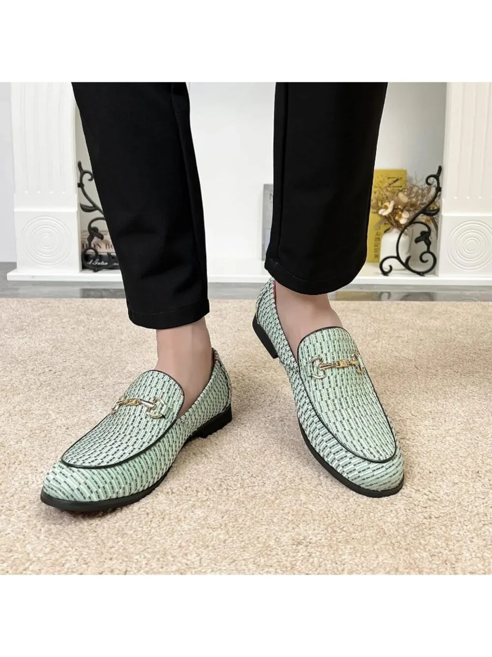 LCQL Men's Green Leather Velvet Loafer Gold Buckle Slip On Comfortable Shoes